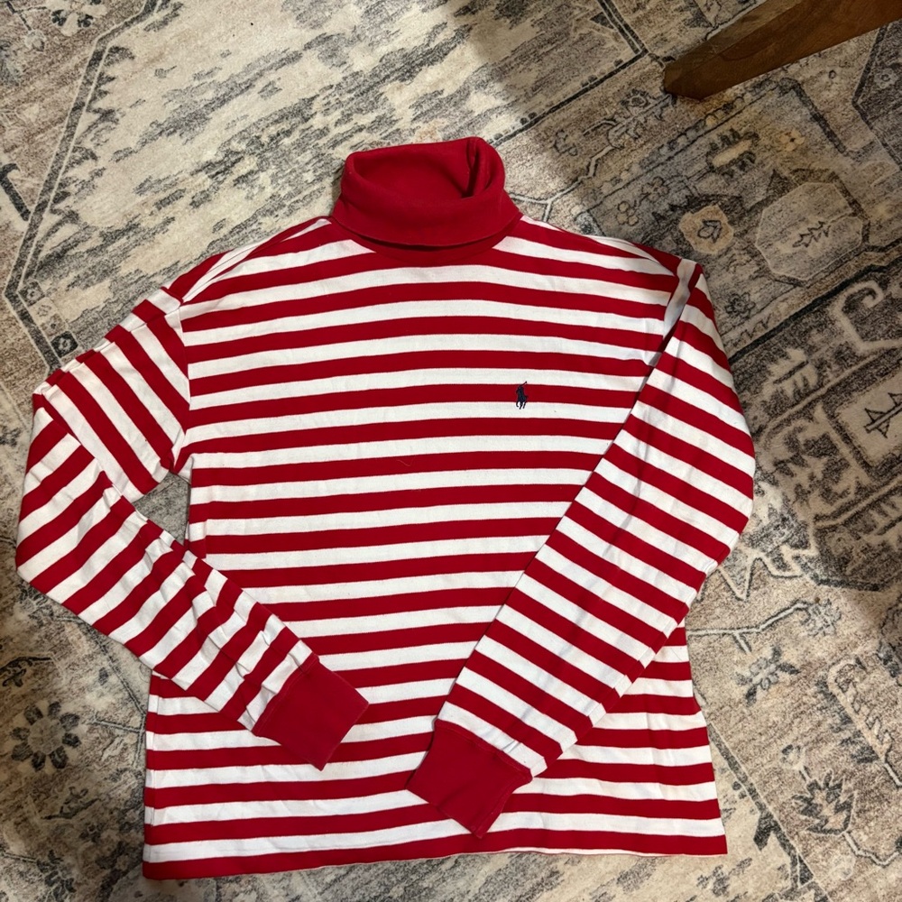 Vintage RALPH LAUREN red white Striped Cotton Turtleneck Sweater size S